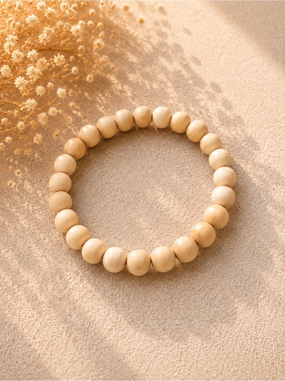 Natural Wood Bead Stretch Bracelet - Beige